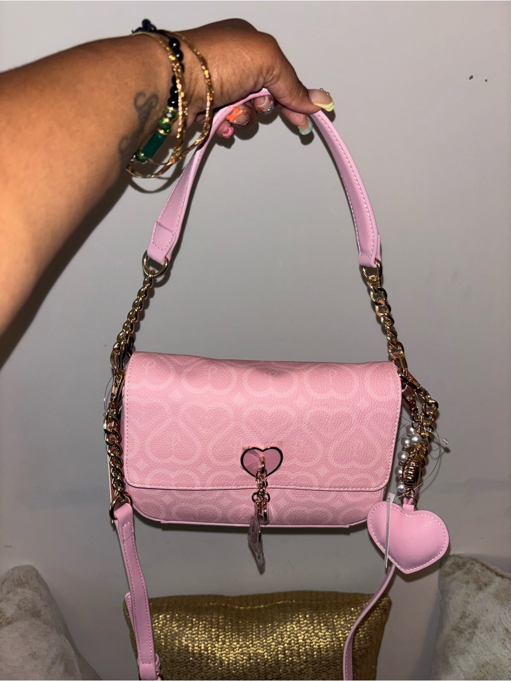 Juicy Couture Pink Heart-Detail Shoulder Bag with Gold Chain
